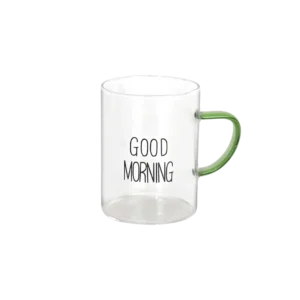 Glass transparent good morning mug with green handle