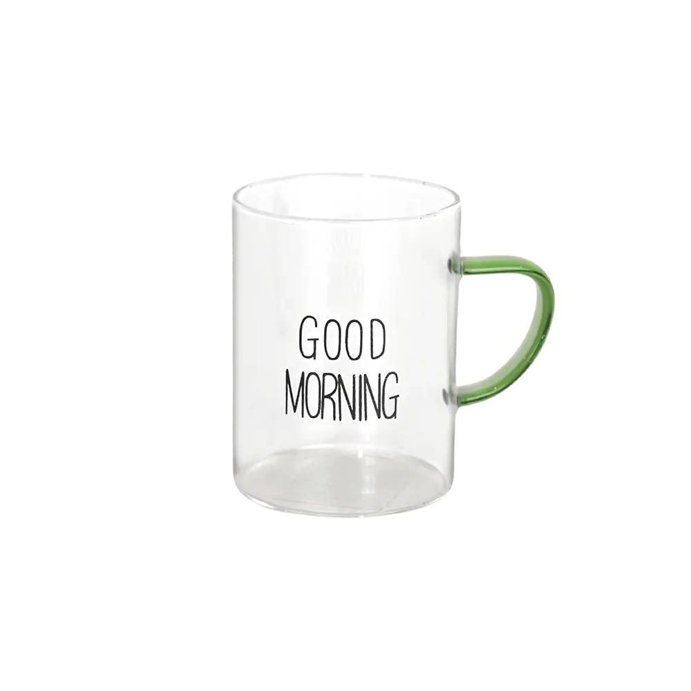 Glass transparent good morning mug with green handle