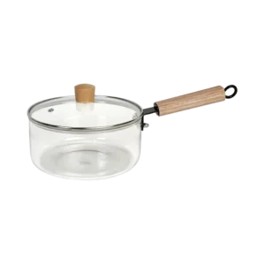 Glass transparent medium casserole with wooden handle