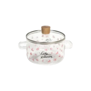Glass transparent pink flowers design small cooking pot
