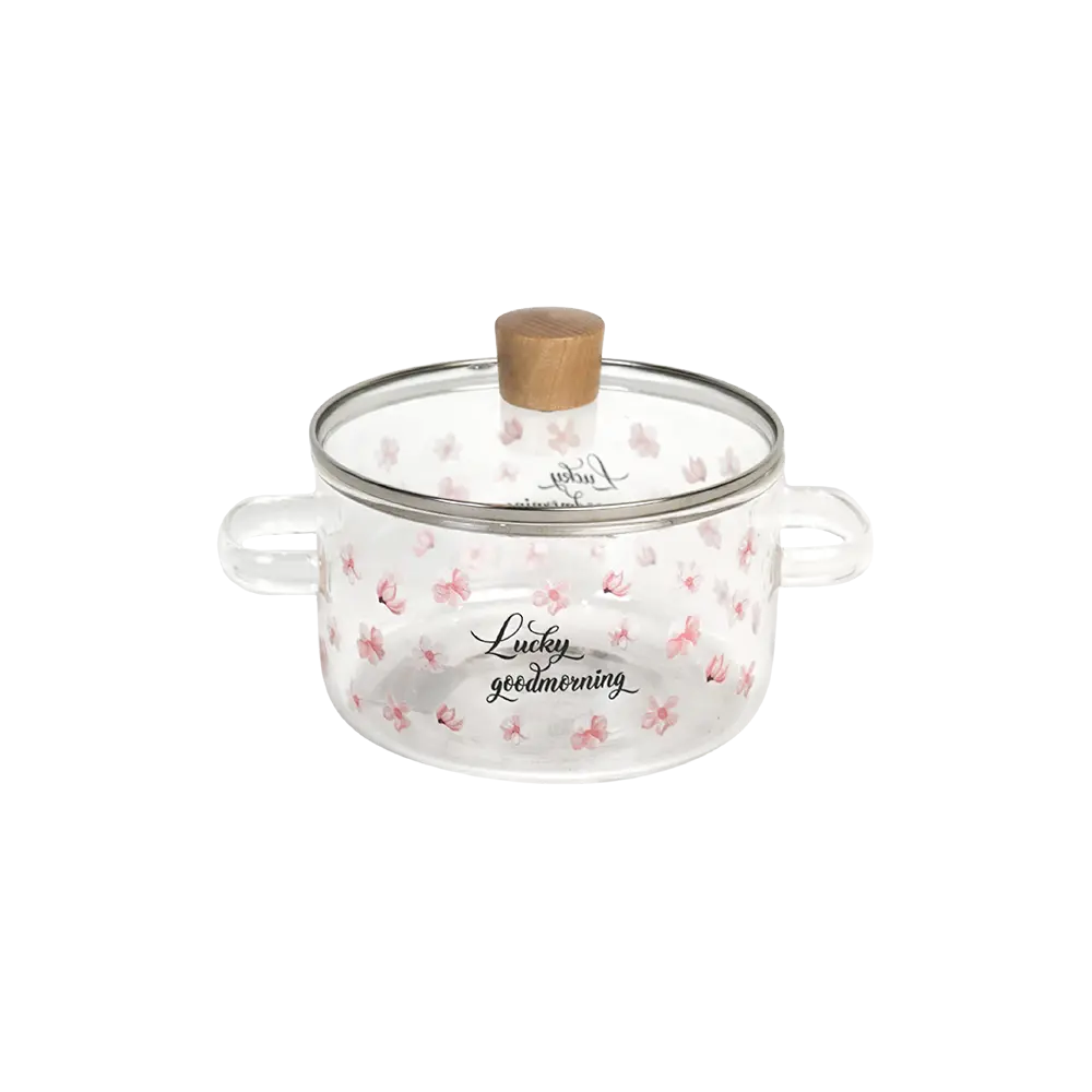 Glass transparent pink flowers design small cooking pot