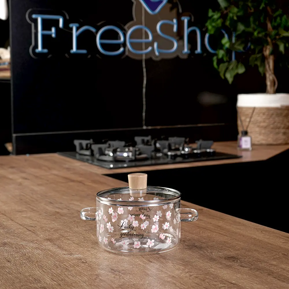Glass transparent pink flowers design small cooking pot1