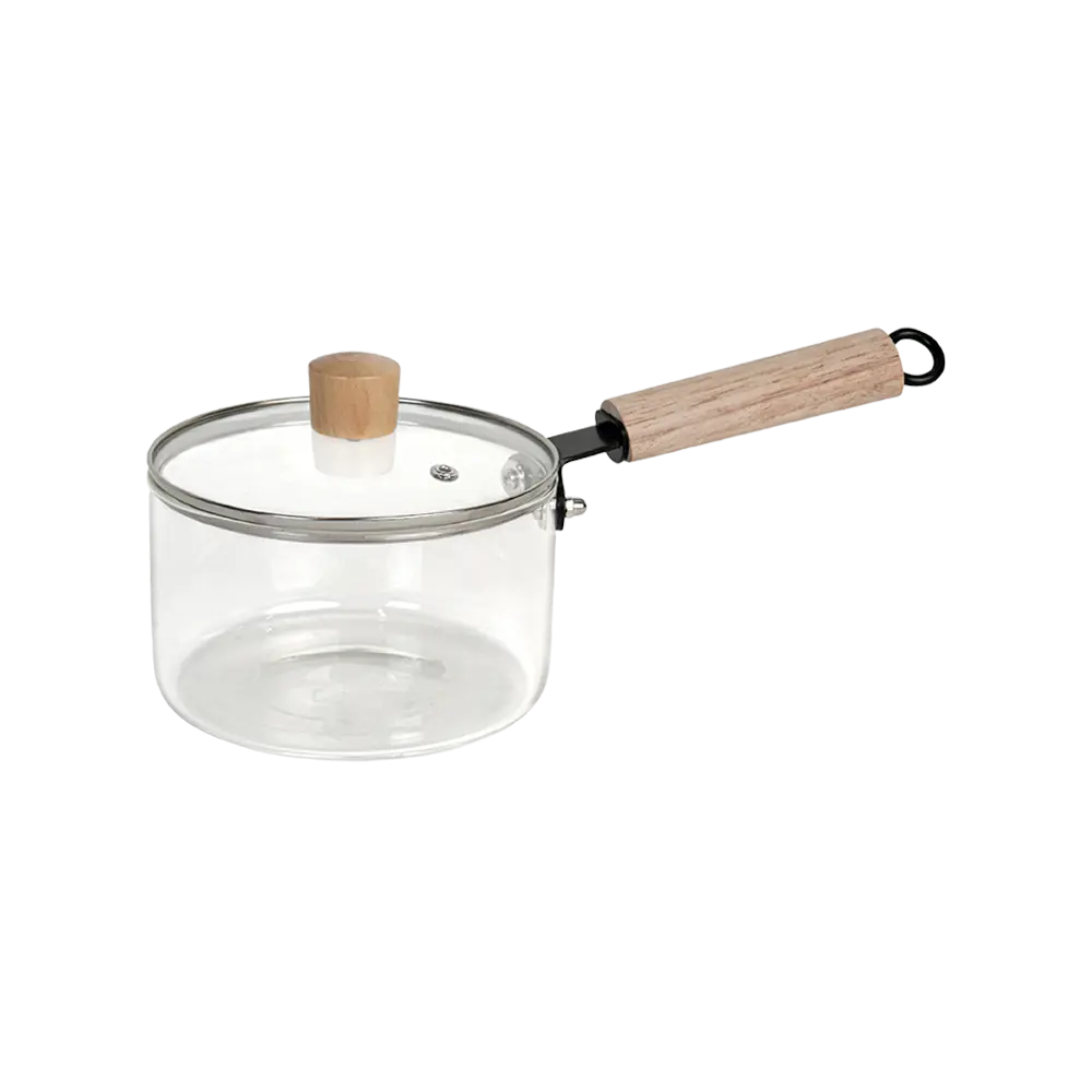 Glass transparent small casserole with wooden handle