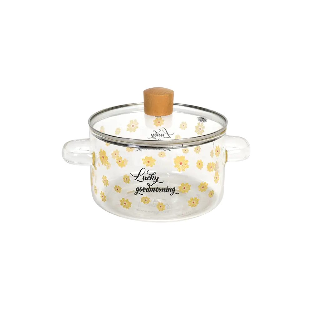 Glass transparent yellow flowers design small cooking pot