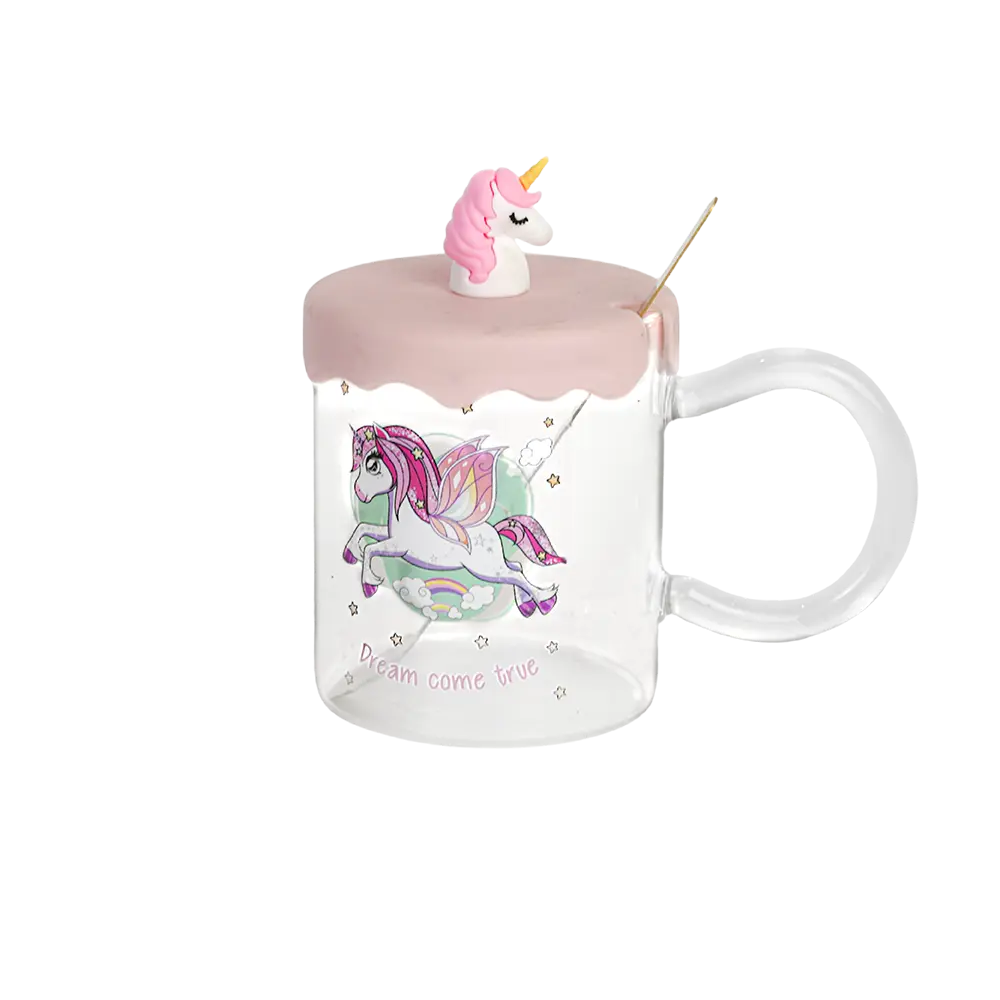 Glass unicorn design mug with spoon & silicone pink lid