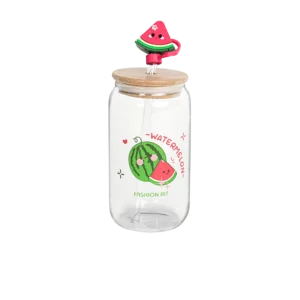 Glass watermelon design mug with bamboo lid and straw