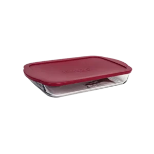 Pasabahce glass 40x25x6cm rectangular pyrex oven dish with red lid