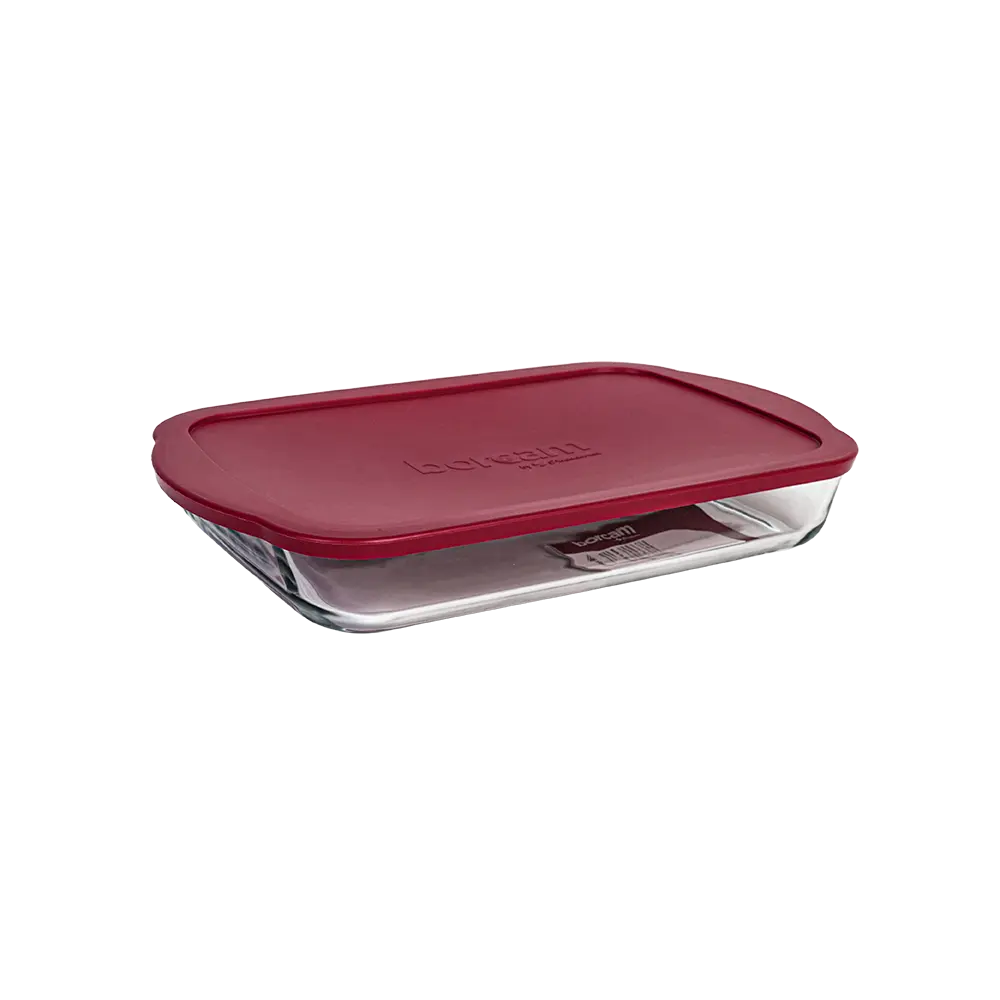 Pasabahce glass 40x25x6cm rectangular pyrex oven dish with red lid
