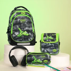 Pronto 43cm airplane design 3 zippers black & grey backpack set