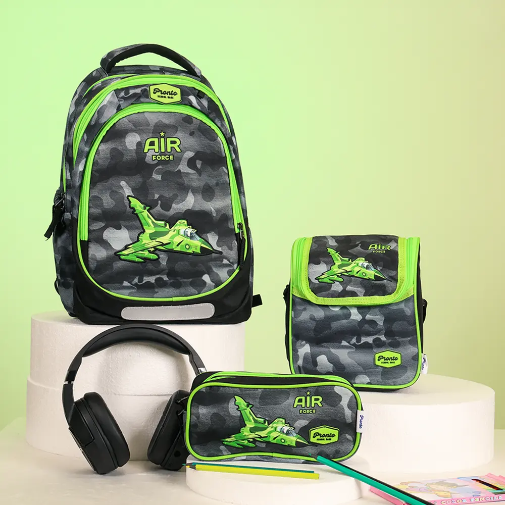 Pronto-43cm-Airplane-Design-3-Zippers-Black-&-Grey-Backpack-Set Pronto 43cm airplane design 3 zippers black & grey backpack set