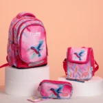 Pronto 43cm bird design 3 zippers fuchsia backpack set