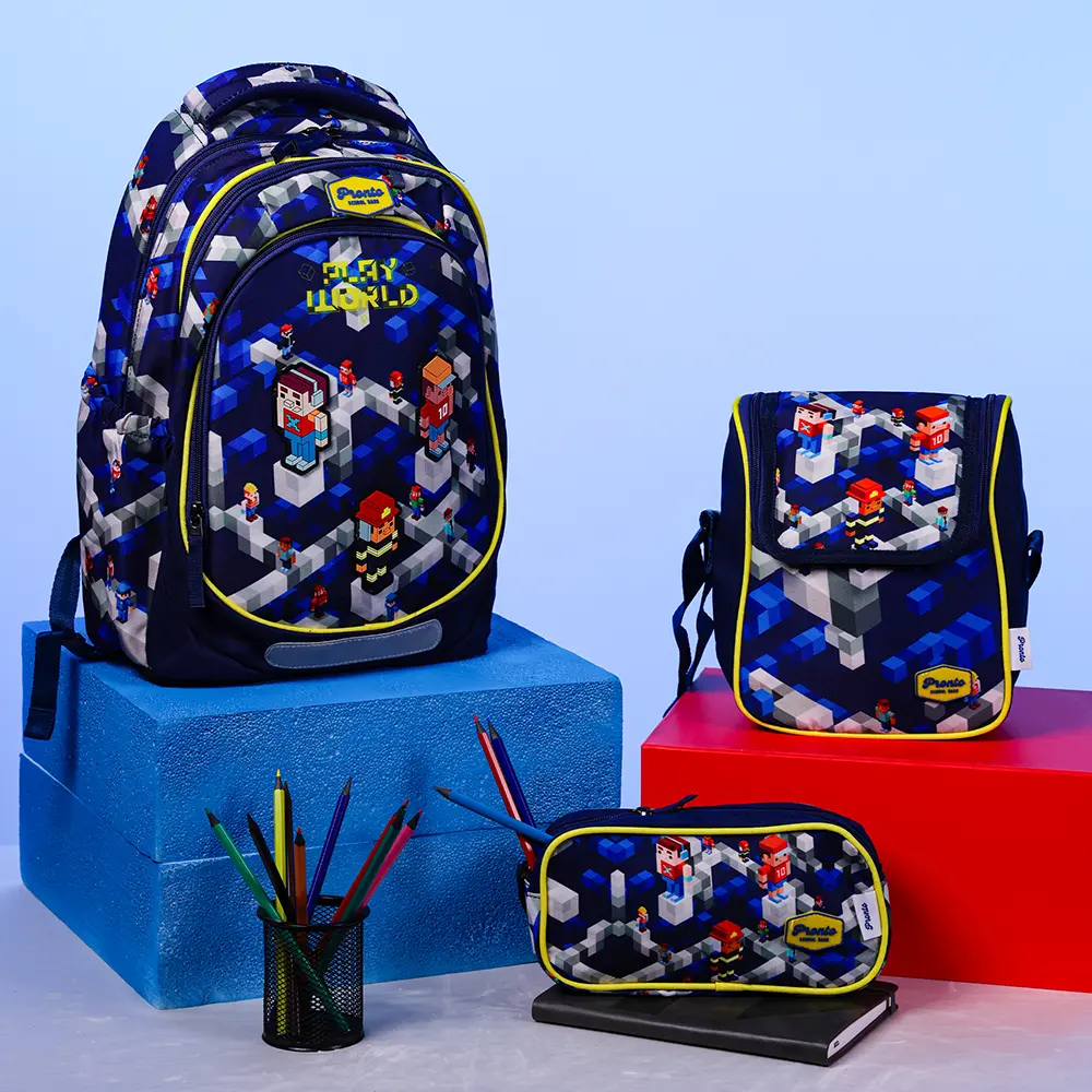 Pronto-43cm-Play-World-Design-3-Zippers-Backpack-Set Pronto 43cm play world design 3 zippers backpack set