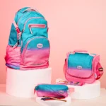 Pronto 46cm patterned design 4 zippers blue & pink backpack set