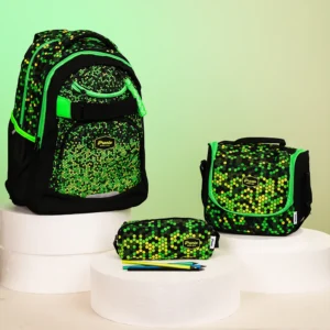 Pronto 46cm patterned design 4 zippers green & black backpack set