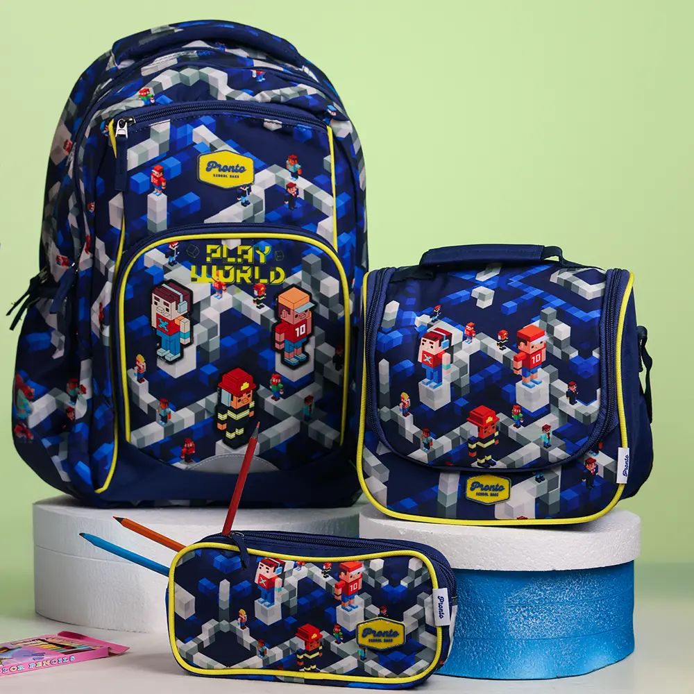 Pronto-46cm-Play-World-Design-4-Zippers-Navy-Blue-Backpack-Set Pronto 46cm play world design 4 zippers navy blue backpack set