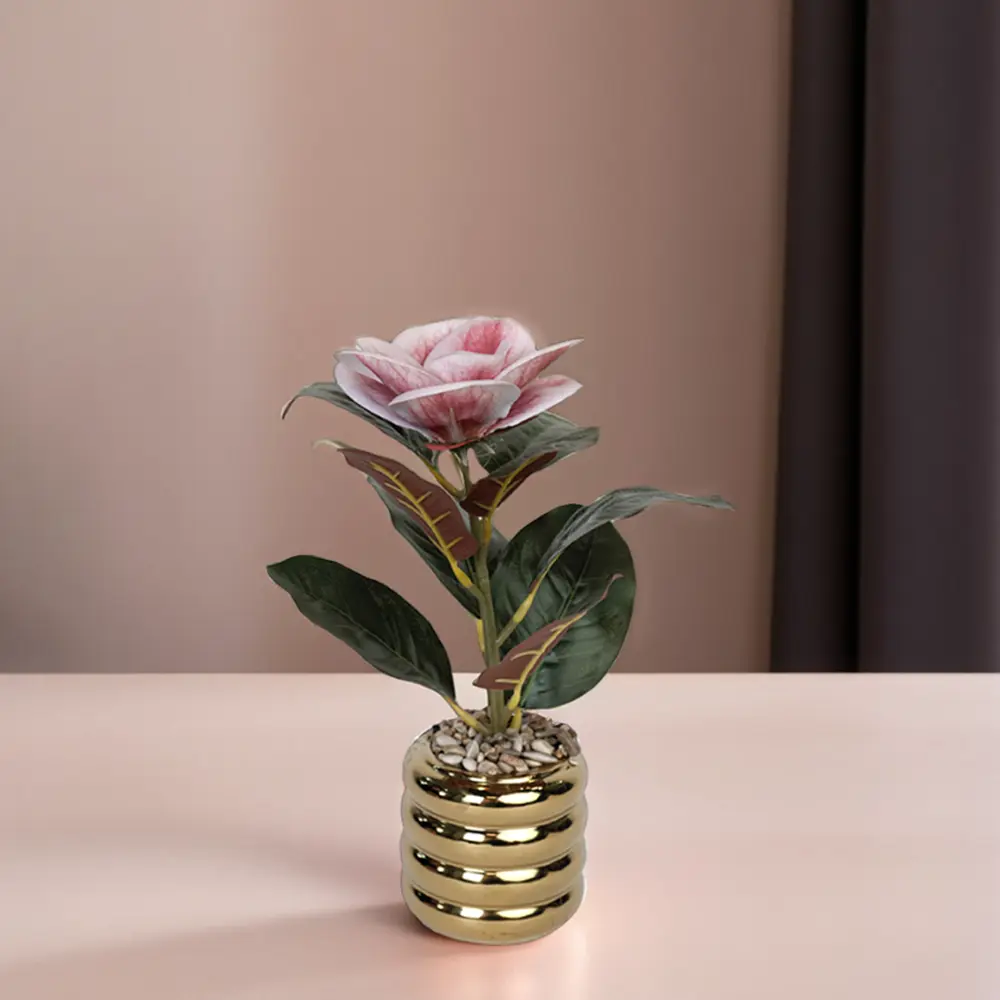 Rose pink flower 7x17cm with golden vase1