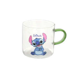Small glass blue stitch design coffee cup with green handle