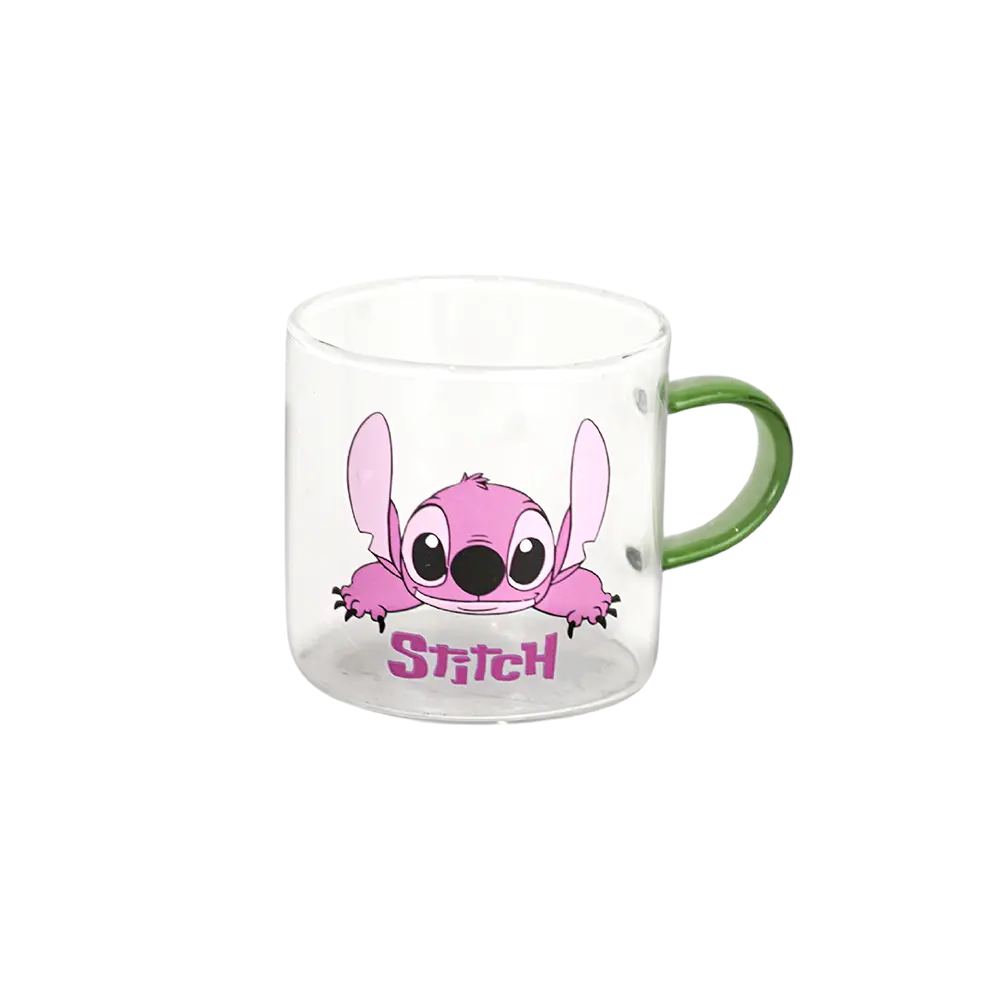 Small glass pink stitch design coffee cup with green handle
