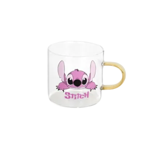 Small glass pink stitch design coffee cup with yellow handle