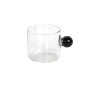 Small glass transparent coffee cup with black ball handle