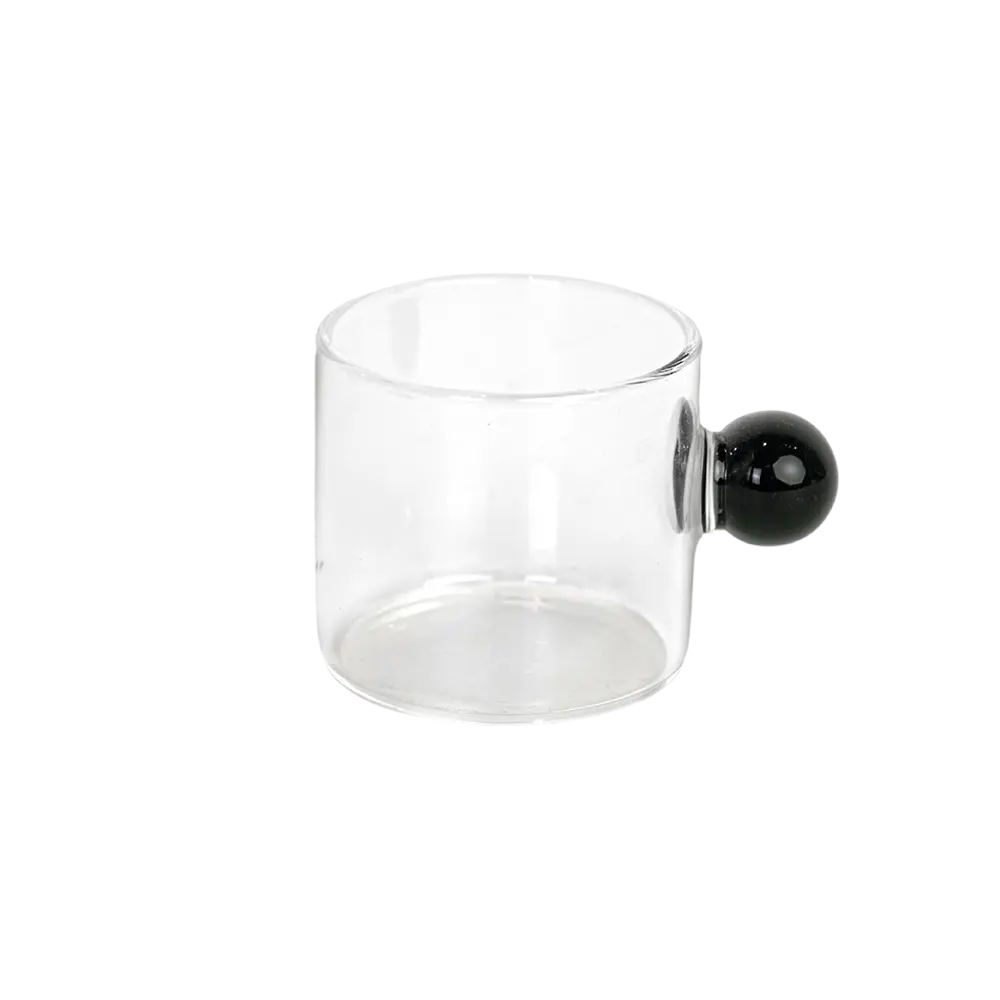 Small glass transparent coffee cup with black ball handle
