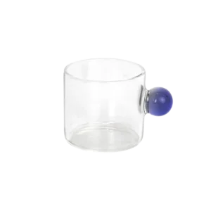 Small glass transparent coffee cup with blue ball handle