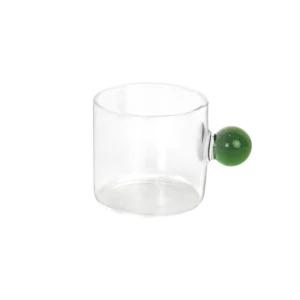 Small glass transparent coffee cup with green ball handle