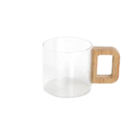 Small glass transparent coffee cup with wooden handle