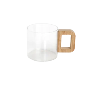 Small glass transparent coffee cup with wooden handle