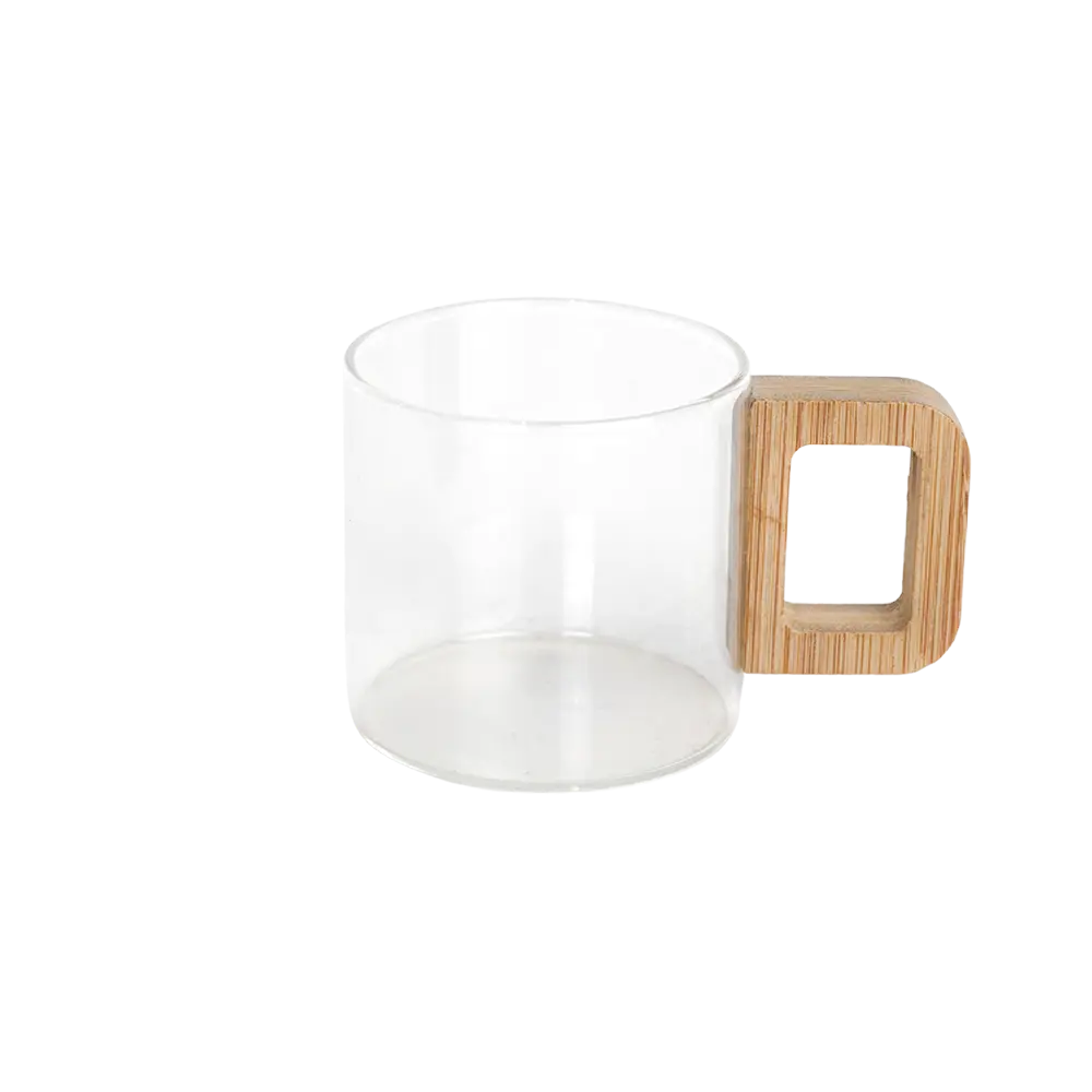 Small glass transparent coffee cup with wooden handle