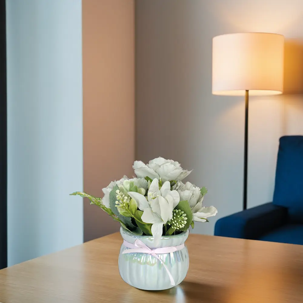 White-Flower-8x18cm-with-Porcelain-Blue-Vase1 White flower 8x18cm with porcelain blue vase1