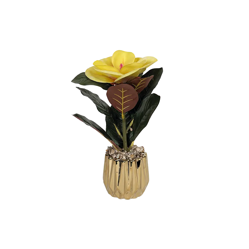 Yellow-Flower-7x17cm-with-Golden-Geometric-Design-Vase Yellow flower 7x17cm with golden geometric design vase