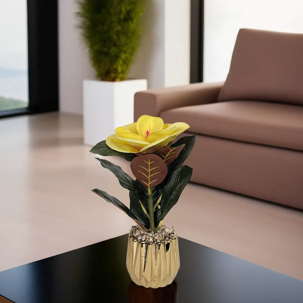 Yellow-Flower-7x17cm-with-Golden-Geometric-Design-Vase1 Yellow flower 7x17cm with golden geometric design vase1