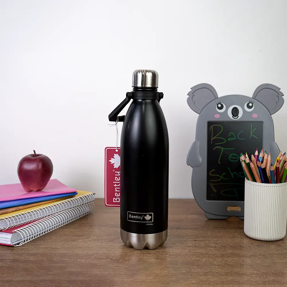 Bentley 1l stainless black water bottle with handle