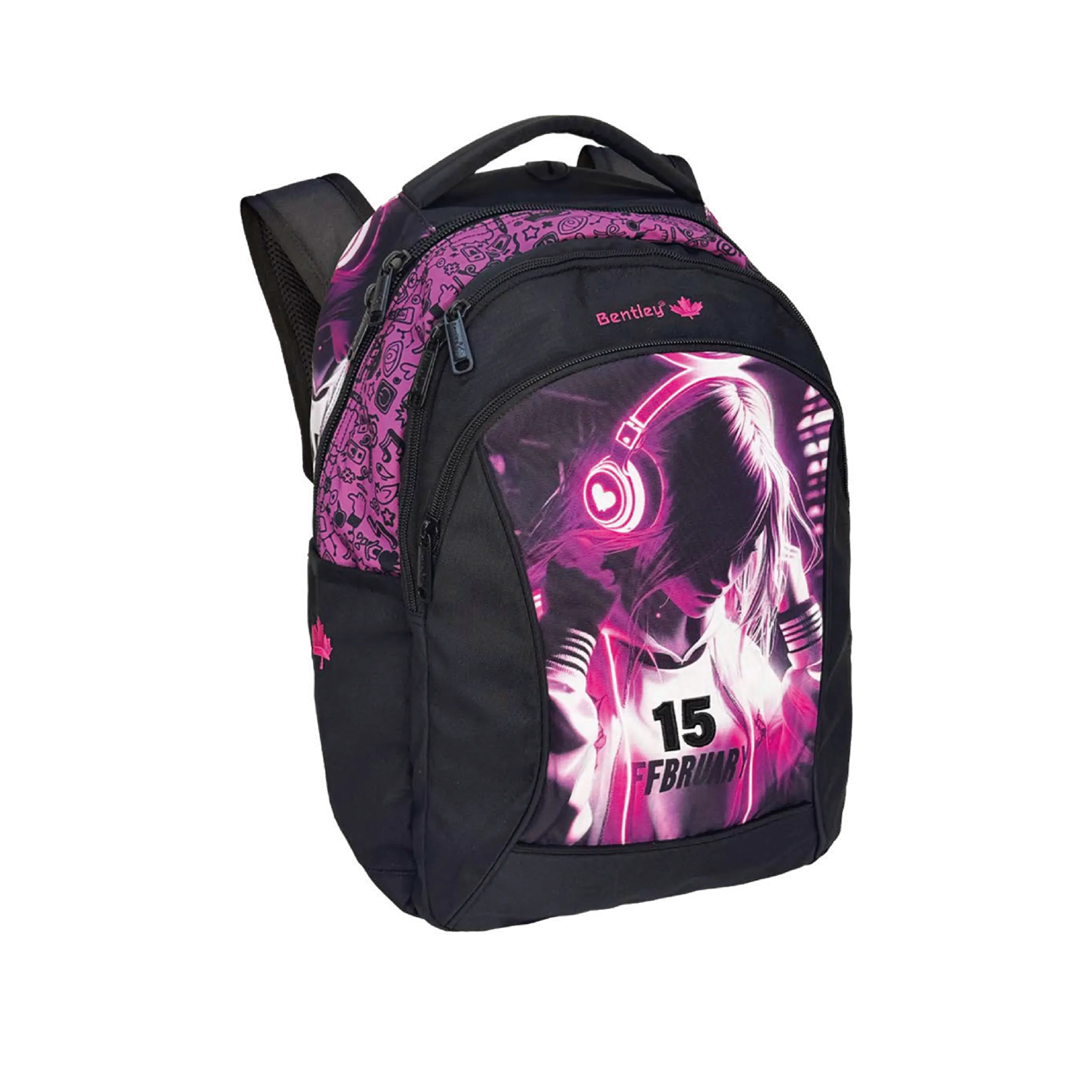Bentley 2551 girl design 3 zippers black & magenta 45cm backpack