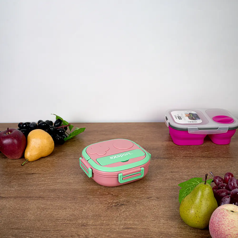 Exsport 550ml airtight 3 sections pink & green lunchbox