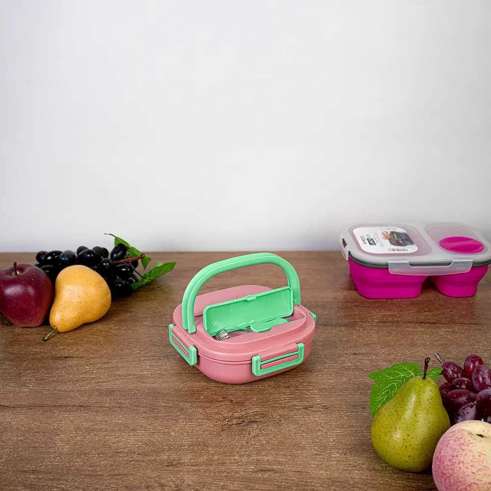 Exsport 550ml airtight 3 sections pink & green lunchbox1