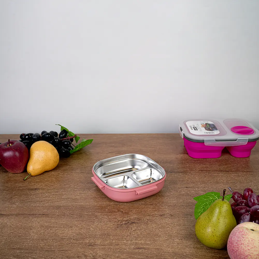 Exsport 550ml airtight 3 sections pink & green lunchbox2