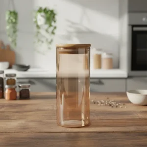 Glass 15.5cm bronze jar with wooden lid1