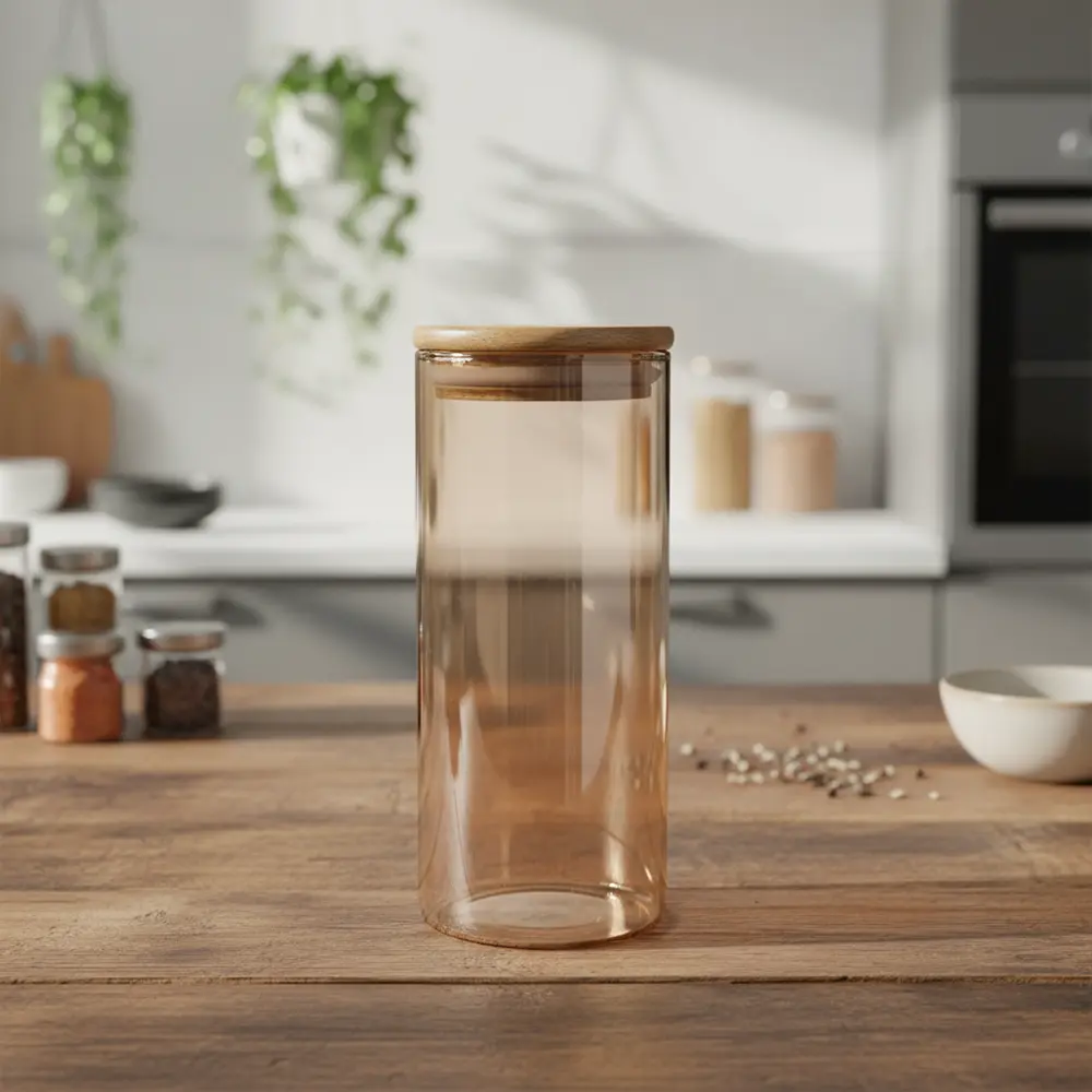 Glass 15.5cm bronze jar with wooden lid1