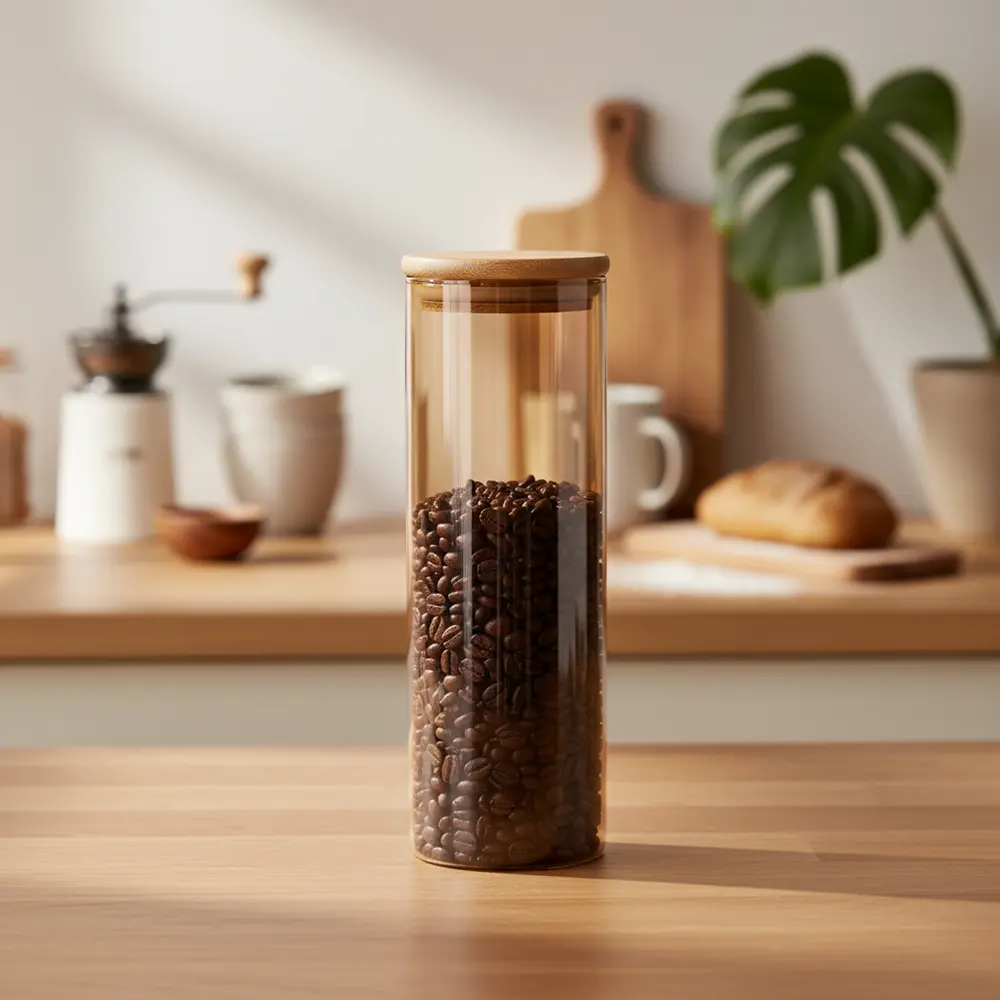 Glass 20.5cm bronze jar with wooden lid1