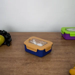 Plastic 3 sections navy blue lunch box with orange lid & spoon