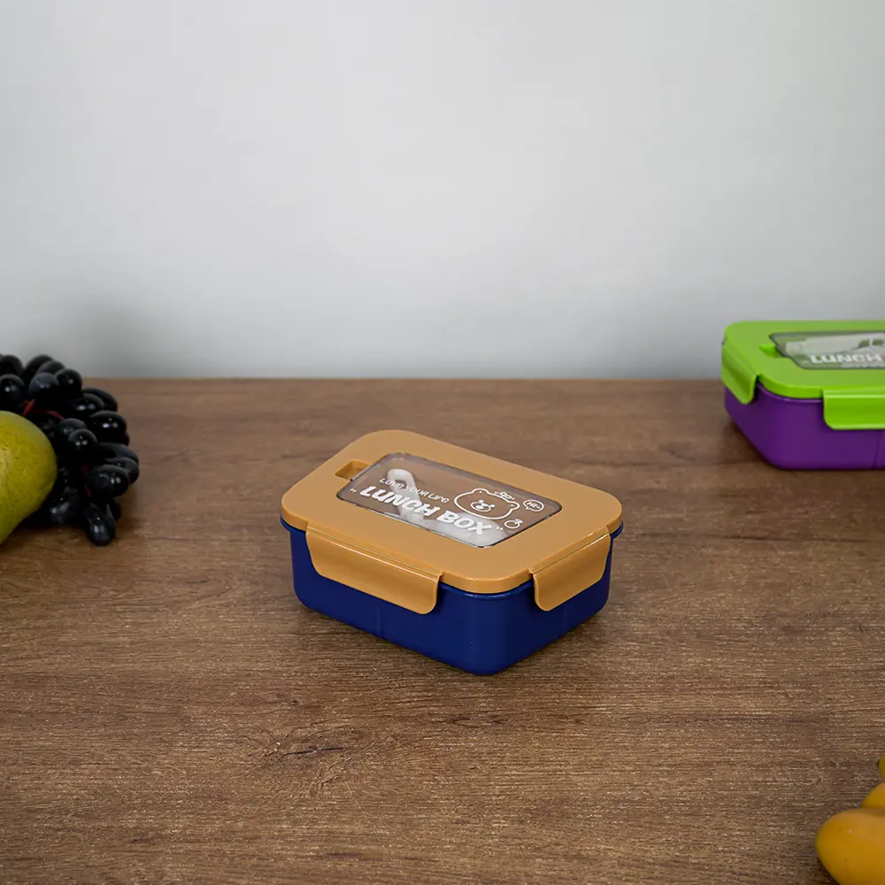 Plastic 3 sections navy blue lunch box with orange lid & spoon