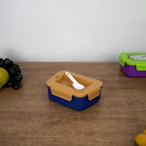 Plastic 3 sections navy blue lunch box with orange lid & spoon1
