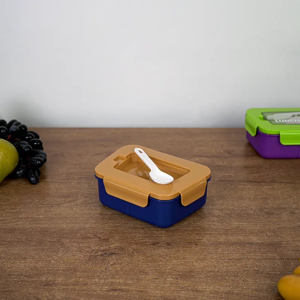 Plastic 3 sections navy blue lunch box with orange lid & spoon1