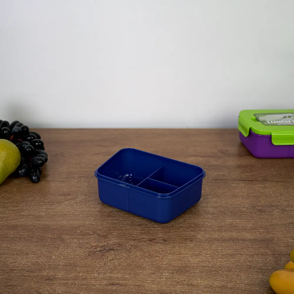 Plastic 3 sections navy blue lunch box with orange lid & spoon2