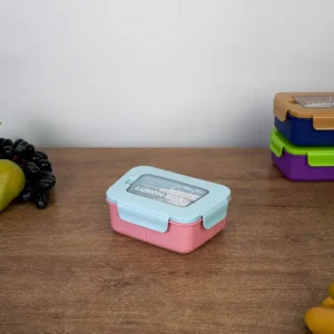 Plastic 3 sections pink lunch box with blue lid & spoon