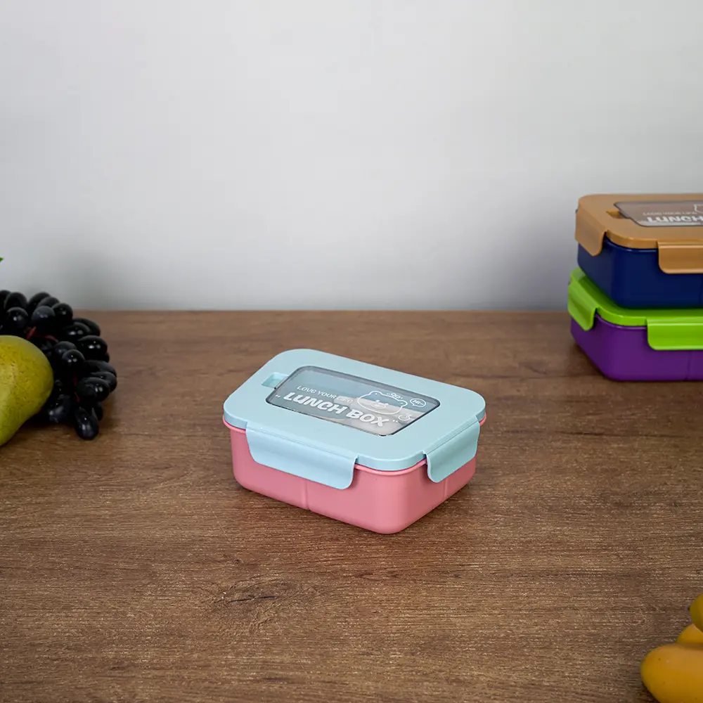 Plastic 3 sections pink lunch box with blue lid & spoon