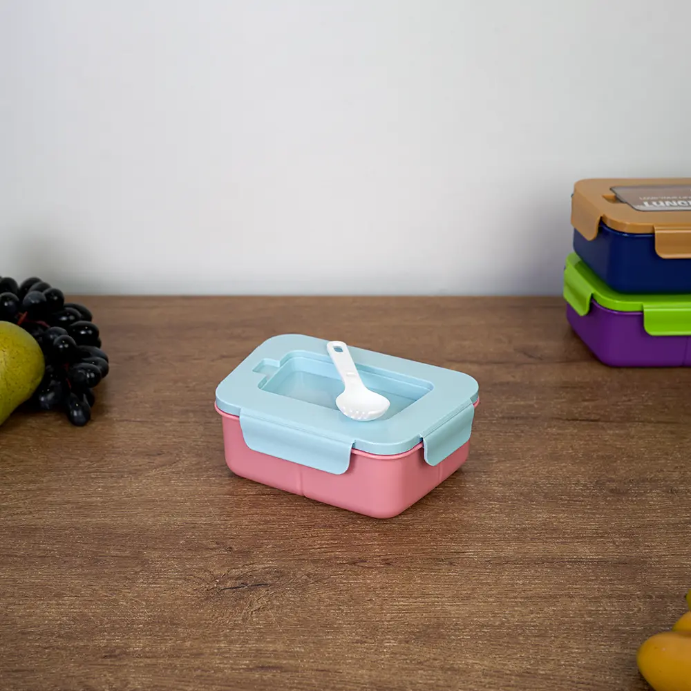 Plastic 3 sections pink lunch box with blue lid & spoon1