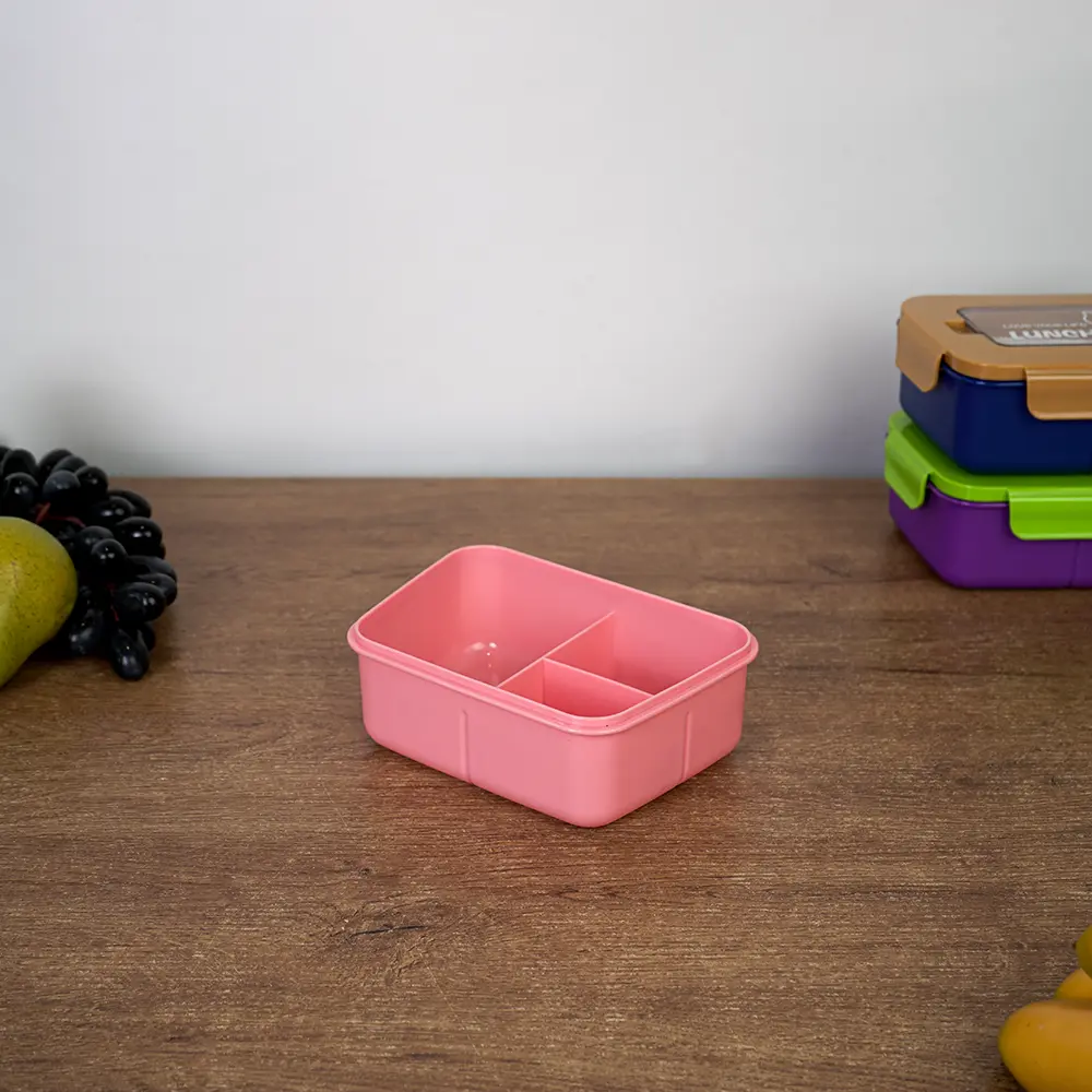 Plastic 3 sections pink lunch box with blue lid & spoon2